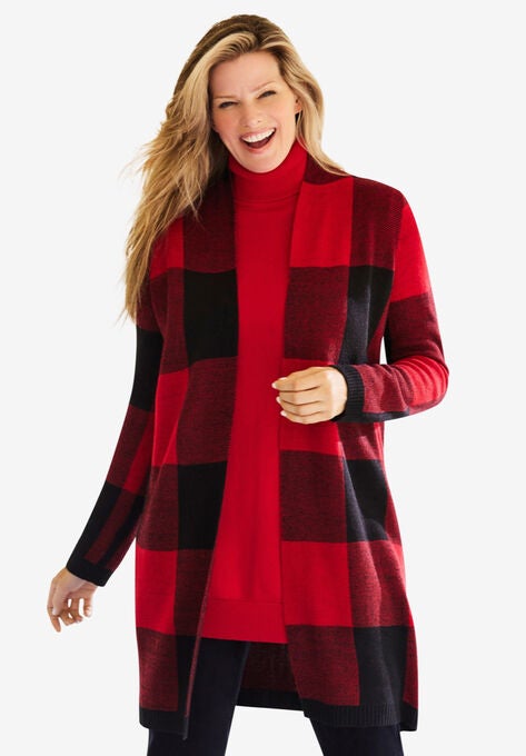 Jacquard Open Front Duster Sweater, CLASSIC RED BUFFALO PLAID, hi-res image number null
