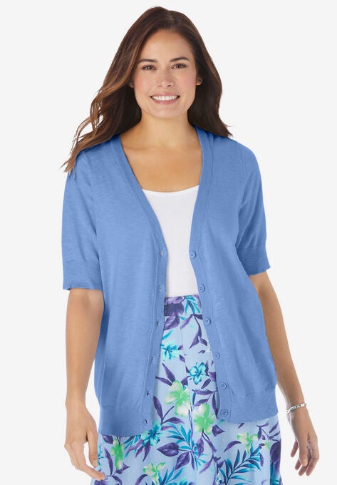 Short Sleeve V-Neck Cardigan, FRENCH BLUE, hi-res image number null