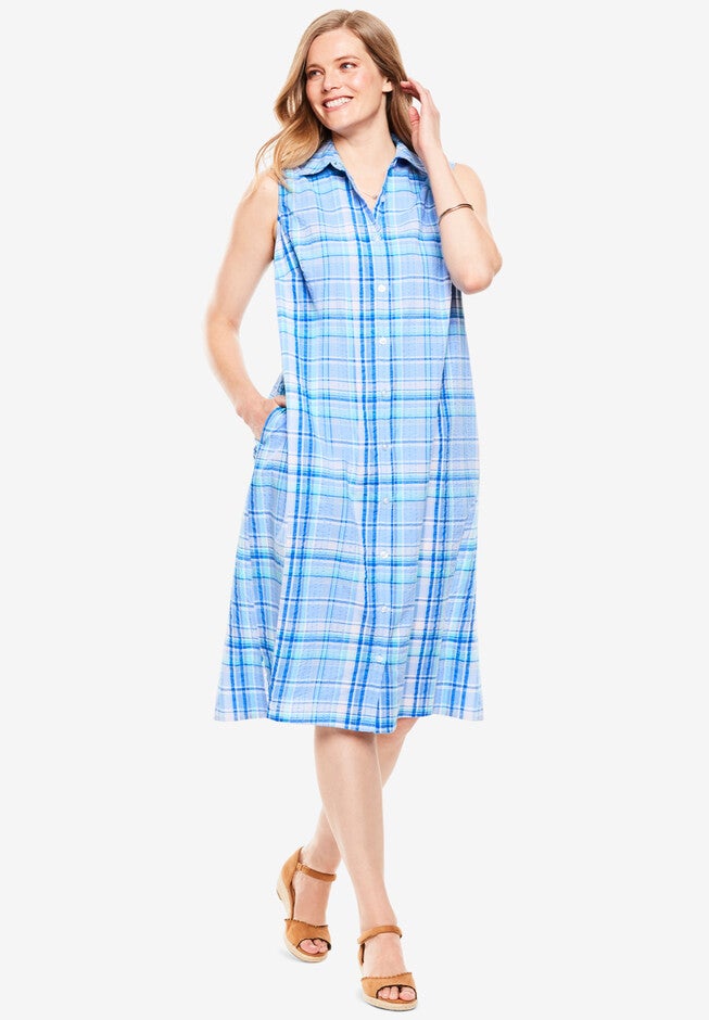 Sleeveless Seersucker Shirtdress, FRENCH BLUE PLAID, hi-res image number 0