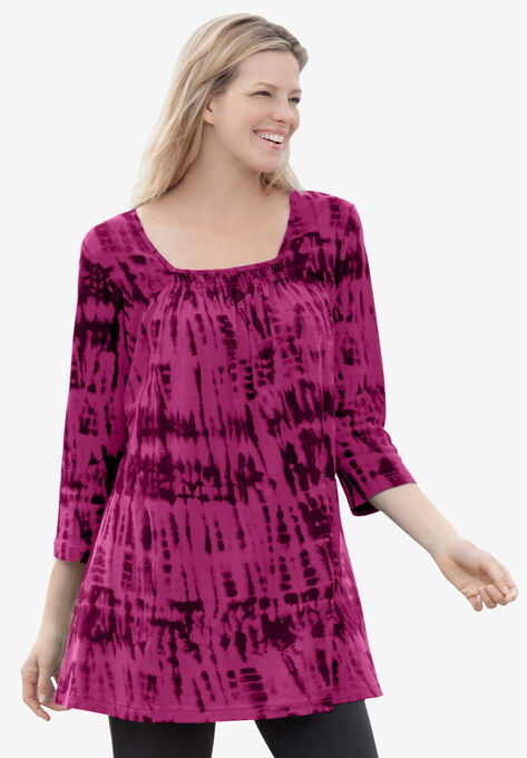 Tie-Dye Smocked Square-Neck Tunic, RASPBERRY TIE-DYE, hi-res image number null