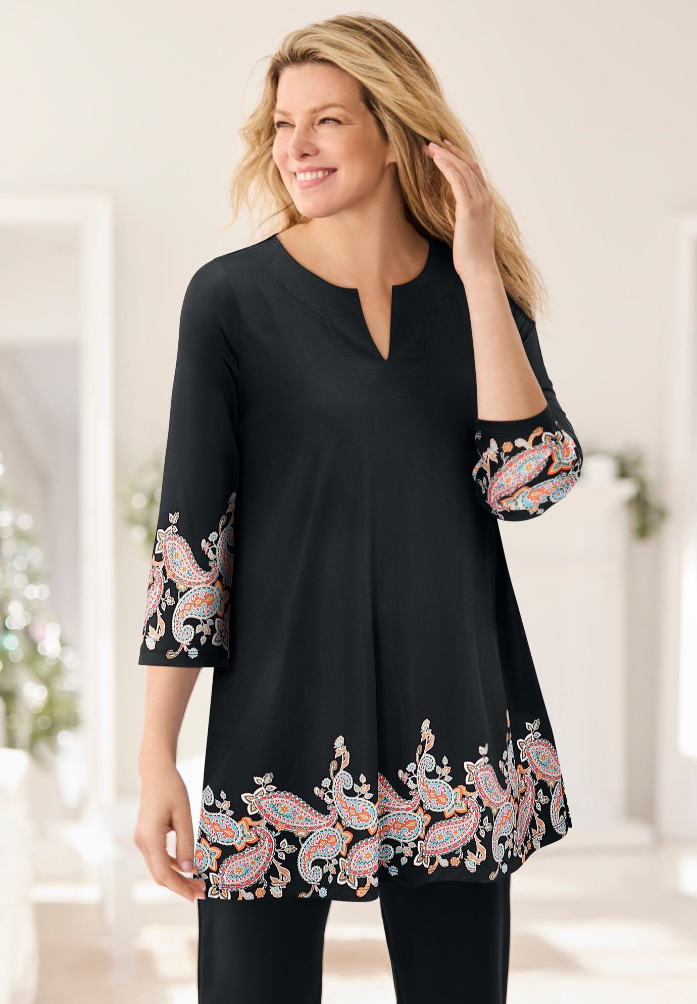 Contrast Notch-Neck Three-Quarter Sleeve Knit Tunic, BLACK PAISLEY BORDER, hi-res image number 0