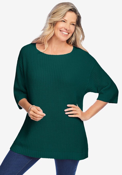 Three-Quarter Sleeve Pullover Shaker Sweater, EMERALD GREEN, hi-res image number null