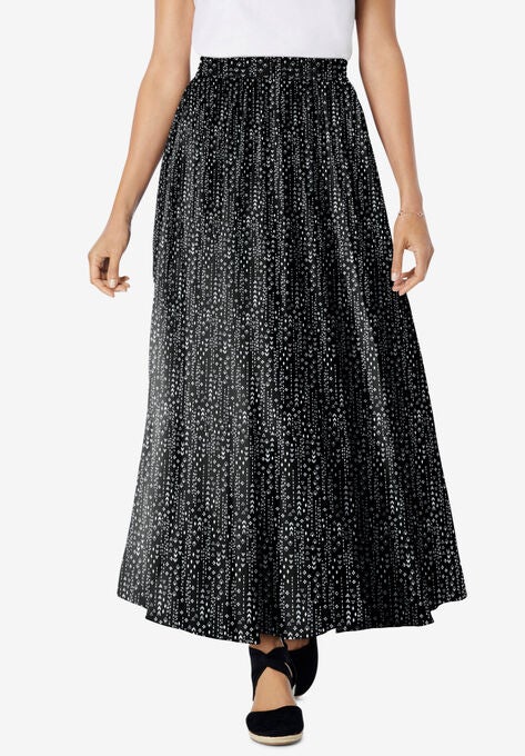 Pull-On Elastic Waist Soft Maxi Skirt, BLACK LINEAR GEO, hi-res image number null