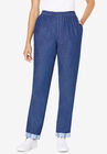 Elastic-Waist Cotton Straight Leg Pant with Flannel Lining, MEDIUM STONEWASH, hi-res image number null
