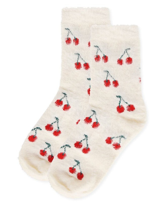 Women's Cherries Cozy Crew Socks, IVORY, alternate image number 2