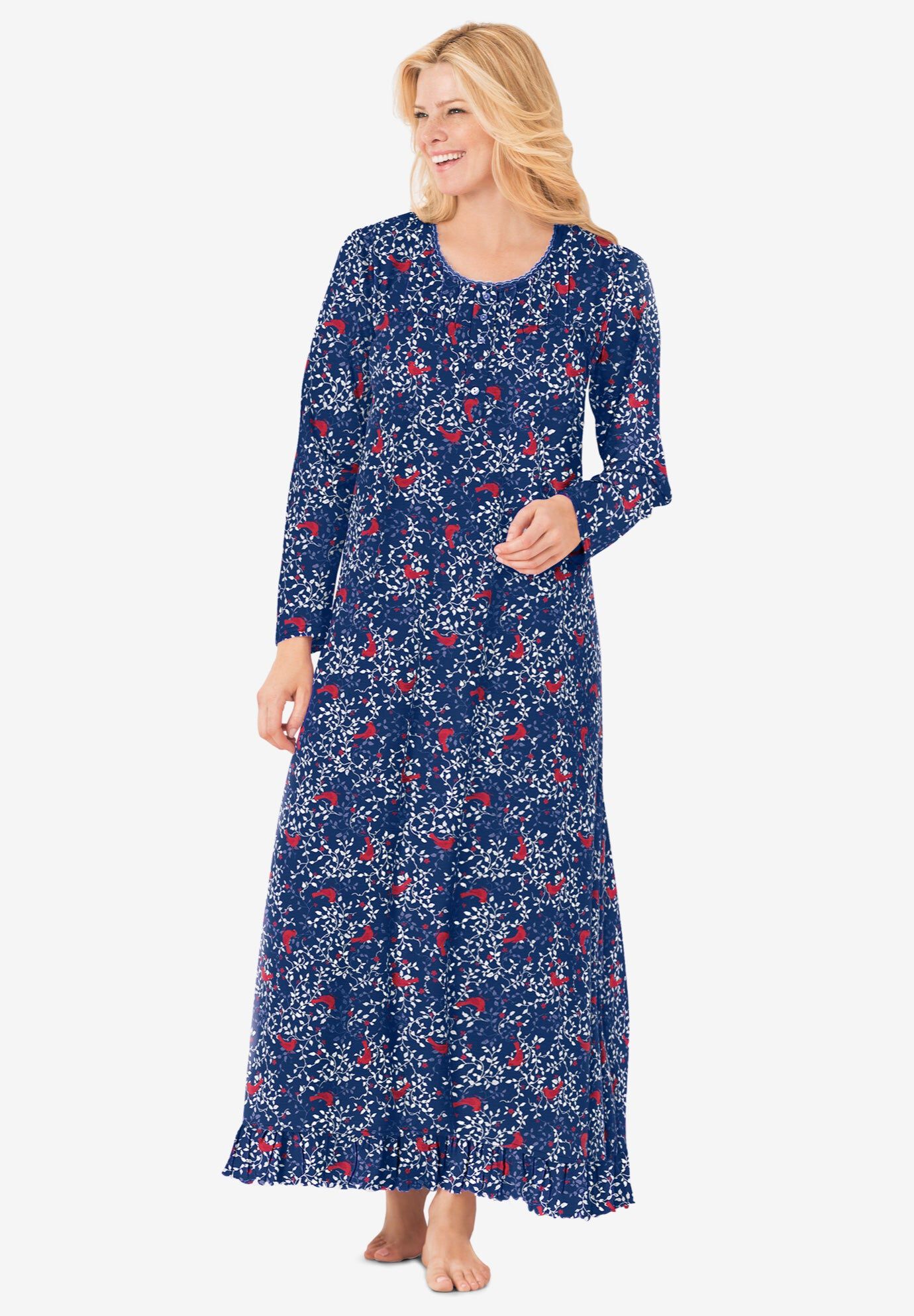 Matching Long Sleeve Gown & Slipper, Evening Blue Cardinals, , hi-res image number 0