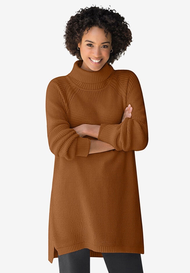 Waffle Knit Turtleneck Sweater, ANTIQUE COPPER, hi-res image number null