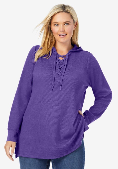 Washed Thermal Lace-Up Hooded Sweatshirt, PETAL PURPLE, hi-res image number null