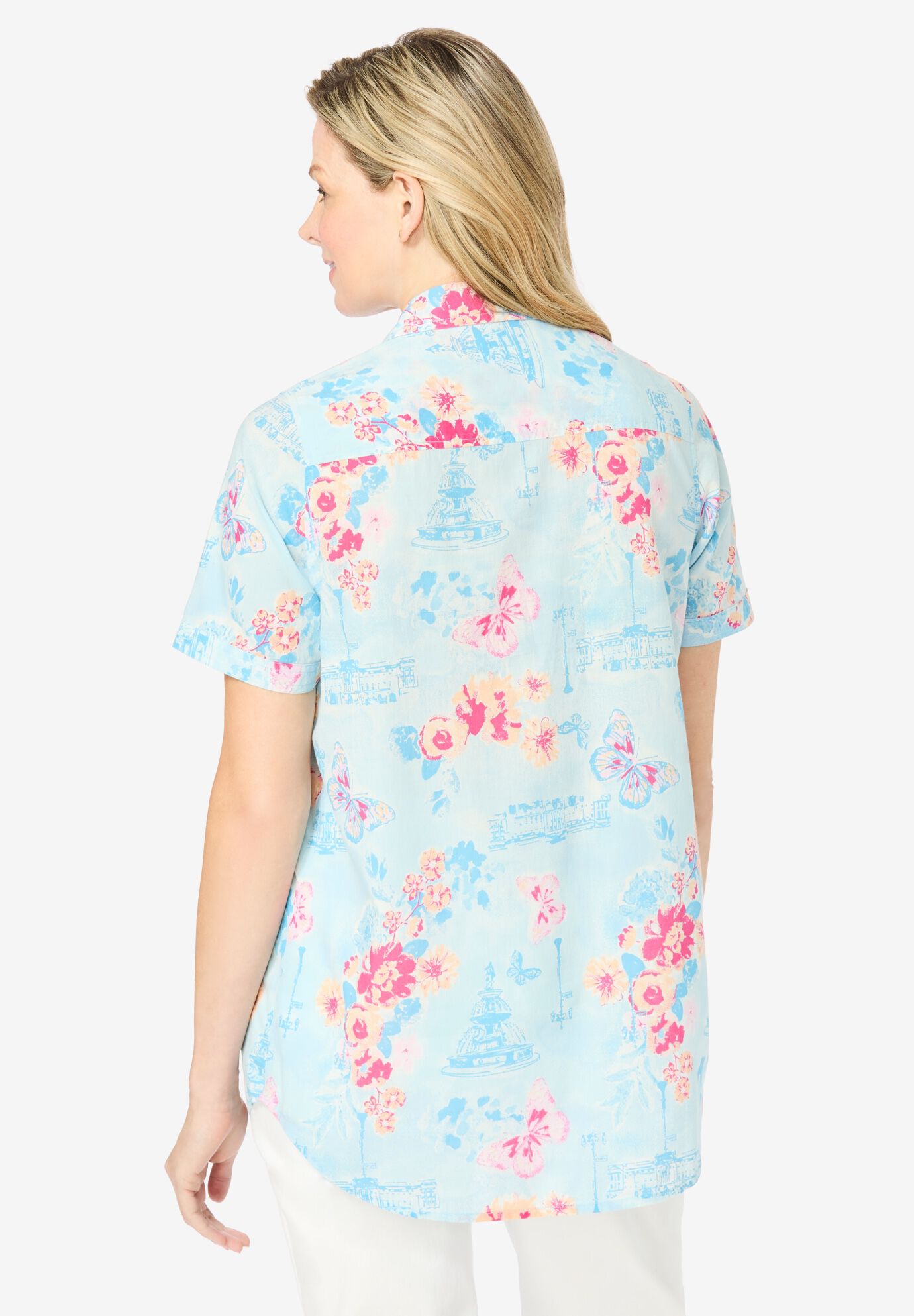Short-Sleeve Cotton Campshirt, SKY BLUE BUTTERFLY MULTI, on-hover image number 1