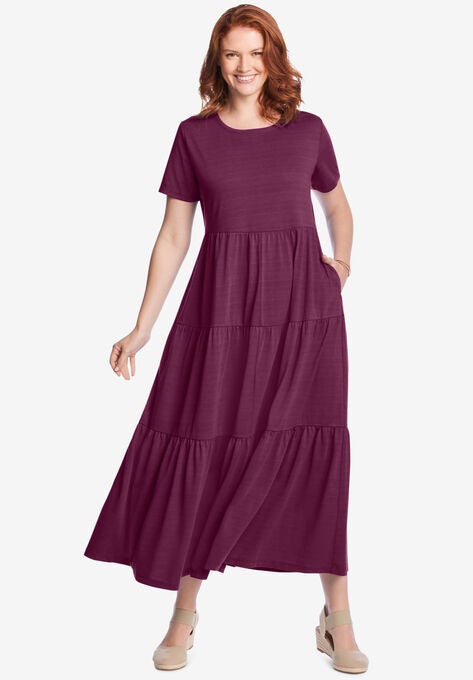 Short-Sleeve Tiered Dress, DEEP CLARET, hi-res image number null