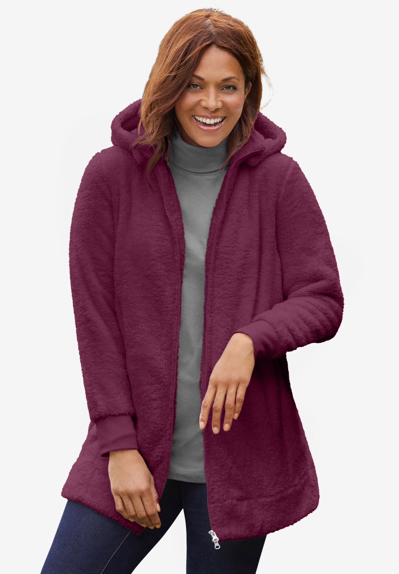 Fluffy Fleece Hoodie Jacket, DEEP CLARET, hi-res image number 0
