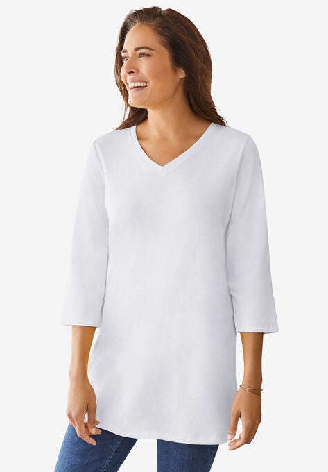 Perfect Three-Quarter Sleeve V-Neck Tunic, WHITE, hi-res image number null