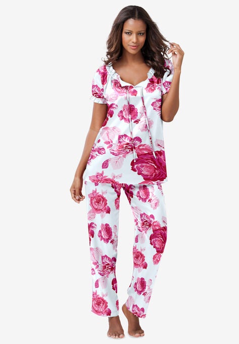 2-Piece Satin Peasant PJ Set, IVORY ROSES, hi-res image number null