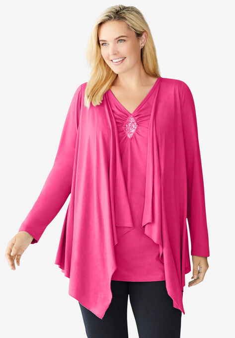 Layered look long top with sequined inset, RASPBERRY SORBET, hi-res image number null