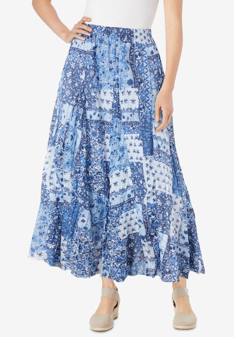 Pull-On Elastic Waist Crinkle Printed Skirt, FRENCH BLUE PATCHED PAISLEY, hi-res image number null