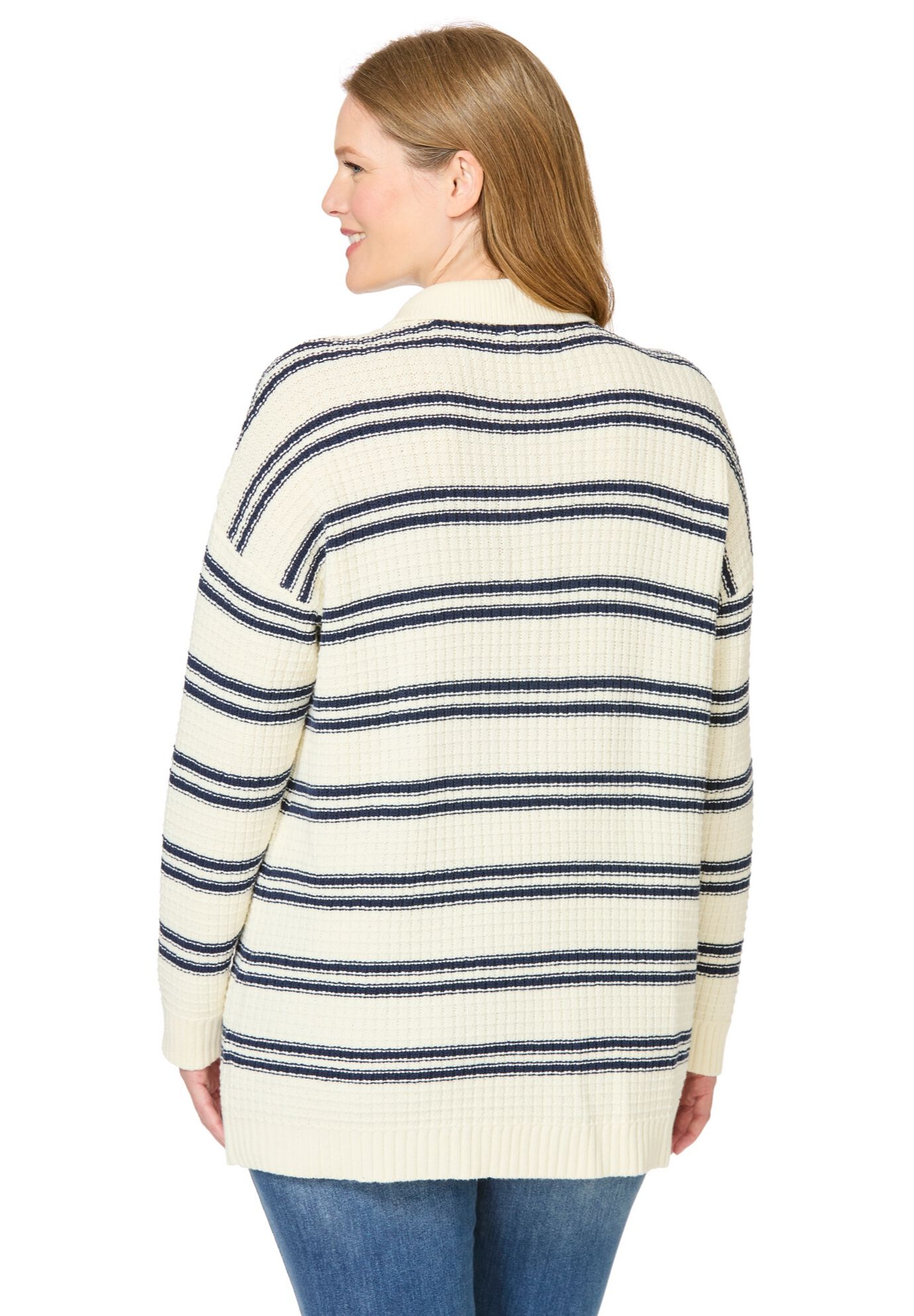 Waffle Polo Sweater, IVORY NAVY STRIPE, on-hover image number 1