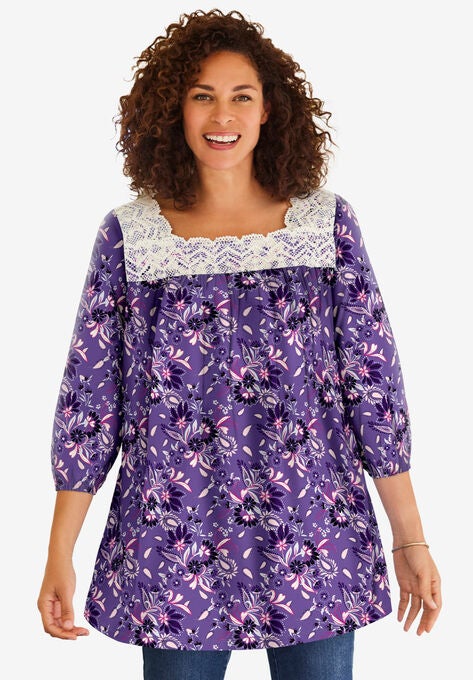 Lace Trim Three-Quarter Sleeve Tunic., PETAL PURPLE PETAL PAISLEY, hi-res image number null