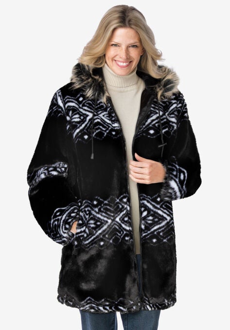 Faux Fur Snowflake Print Hooded Jacket, BLACK FAIR ISLE, hi-res image number null