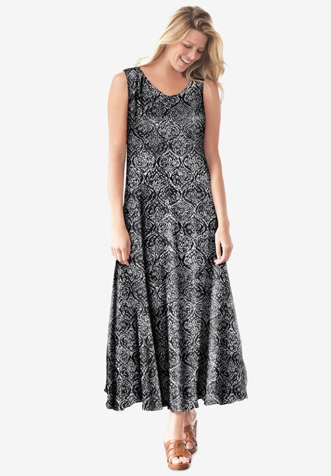 Sleeveless Crinkle A-Line Dress, BLACK IKAT, hi-res image number null
