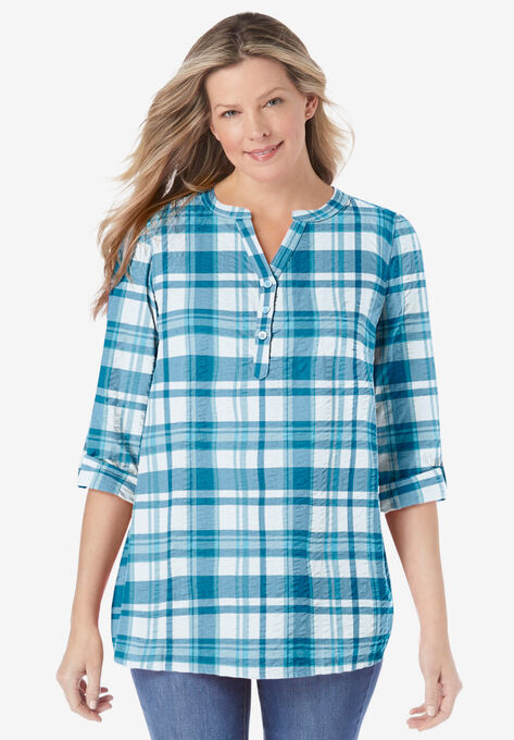 Seersucker Notch Henley Tunic, DEEP TEAL CAMP PLAID, hi-res image number null