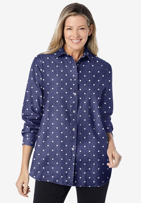 classic long-sleeve denim shirt, MEDIUM STONEWASH POLKA DOT, hi-res image number null