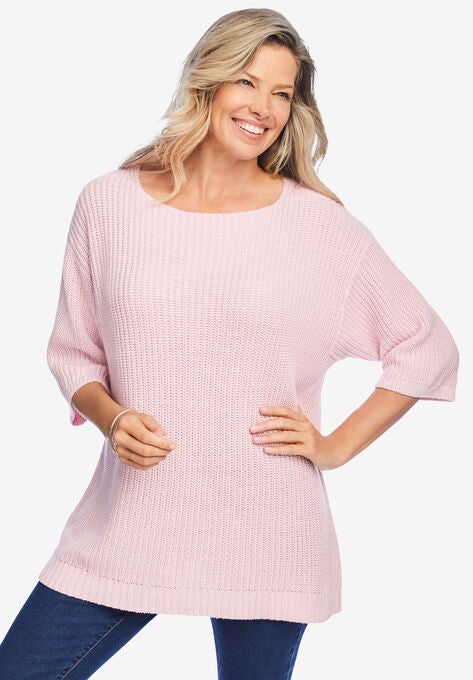 Three-Quarter Sleeve Pullover Shaker Sweater, PINK, hi-res image number null