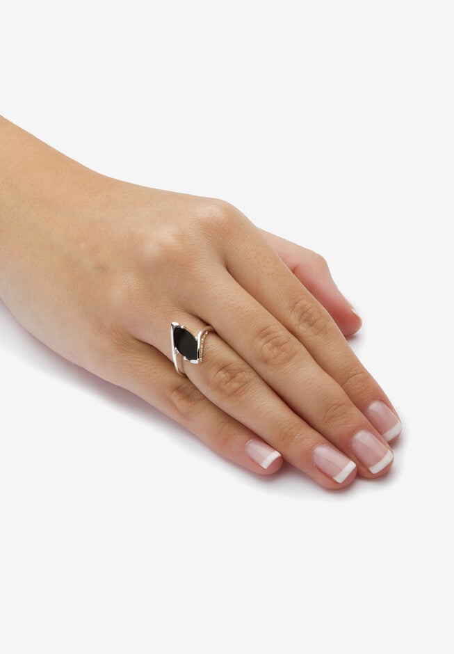 Sterling Silver Natural Black Onyx Marquise Shaped Bypass Ring, , alternate image number 2