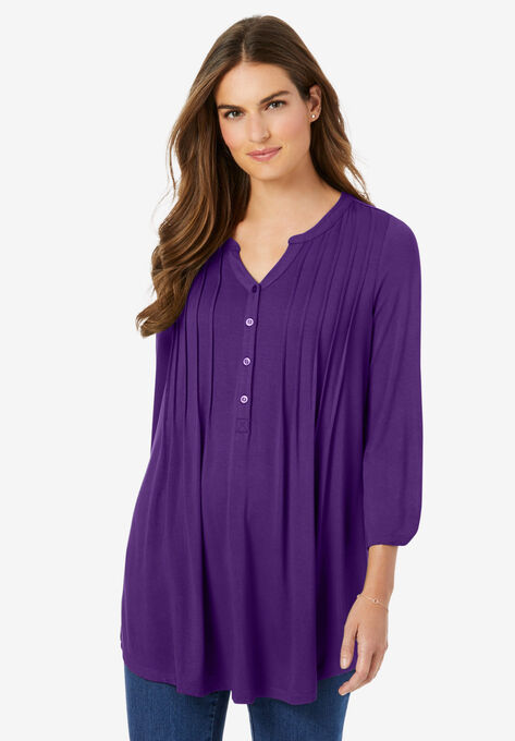 Pleated Henley Top, RADIANT PURPLE, hi-res image number null