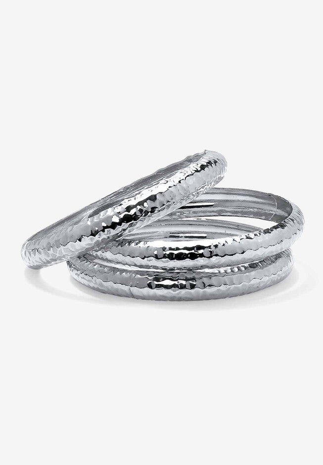 Silvertone Hammered 3 Piece Stack Bracelet Set, 8.5 inches, SILVER, hi-res image number null