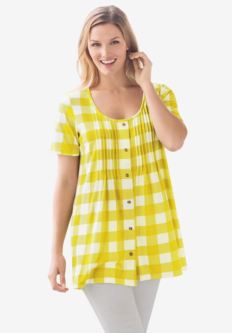 Top in soft buffalo plaid knit, tunic length with pintucks, PRIMROSE YELLOW BUFFALO PLAID, hi-res image number null