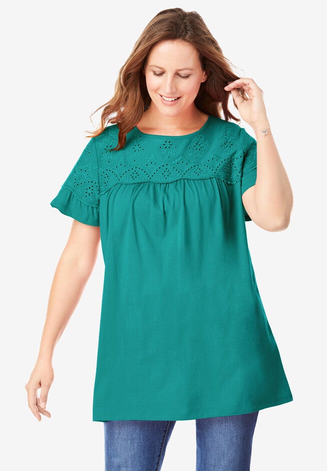 Flutter Sleeve Eyelet Tunic, BRILLIANT JADE, hi-res image number 0