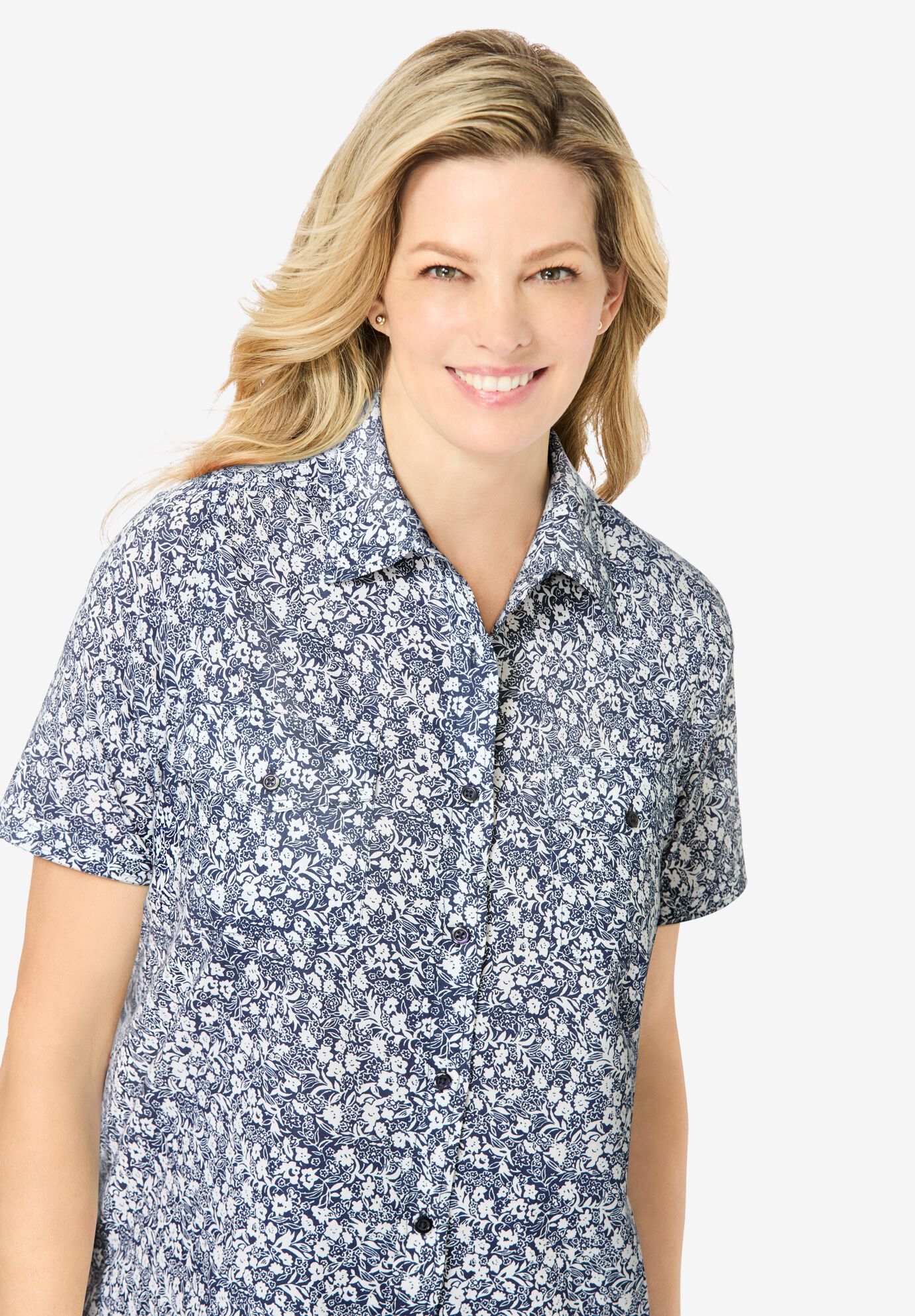 Short-Sleeve Cotton Campshirt, NAVY PAISLEY DITSY, alternate image number 2