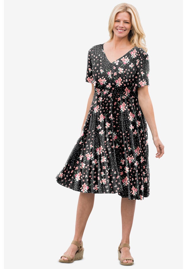 Short Crinkle Button-Front Dress, BLACK PATCH FLORAL, hi-res image number null