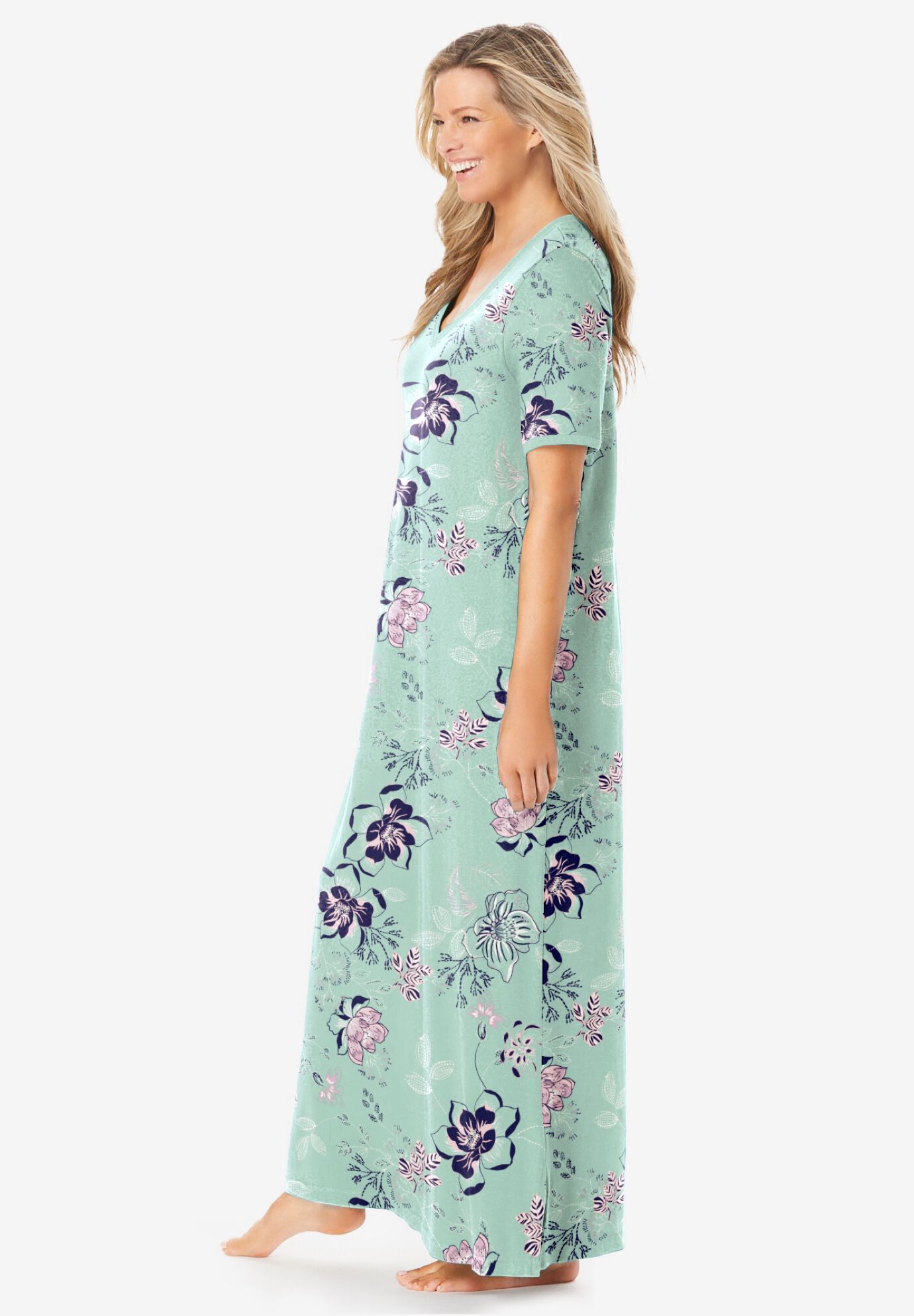 V-Neck Short Sleeve Maxi Lounger, AQUATIC GREEN BOUQUET, alternate image number 2