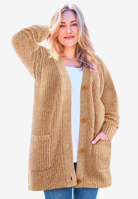 Long-Sleeve Shaker Cardigan Sweater, SOFT CAMEL IVORY MARLED, hi-res image number null