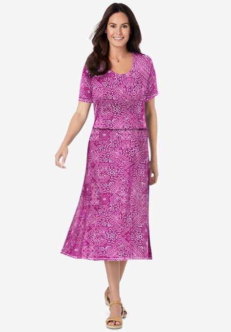 Short Sleeve Fit & Flare Dress, RASPBERRY GEO TILE, hi-res image number null
