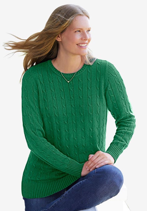 Cable Knit Pullover Crewneck Sweater, EMERALD, hi-res image number null
