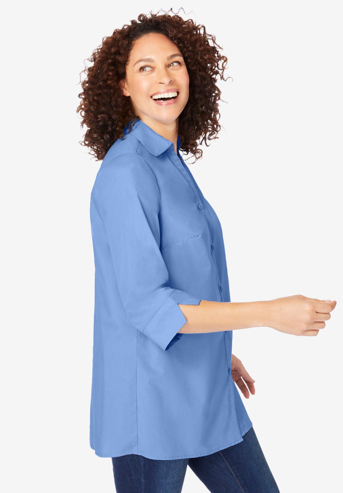 Perfect Three-Quarter Sleeve Back Pleat Shirt, FRENCH BLUE, alternate image number 2