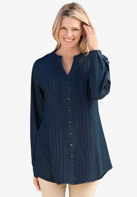 Denim Notch-Neck Pintuck Button-Front Tunic, INDIGO, hi-res image number null