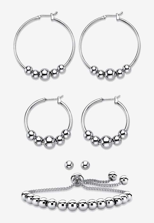 4-Piece Beaded Earrings and Bracelet Set in Silvertone, SILVER, hi-res image number 0