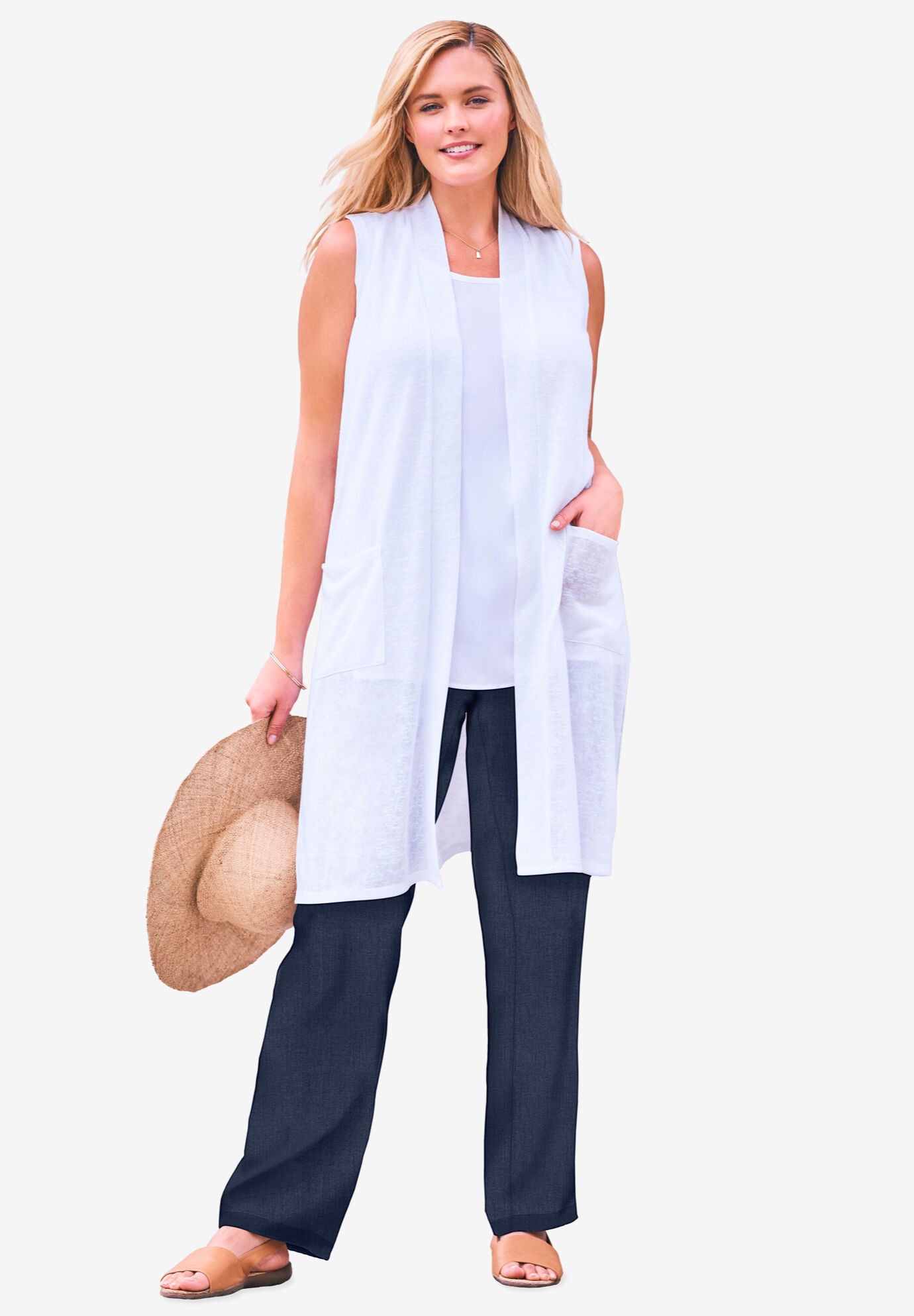 Straight Leg Flat Front Linen Pant - Opal Blue