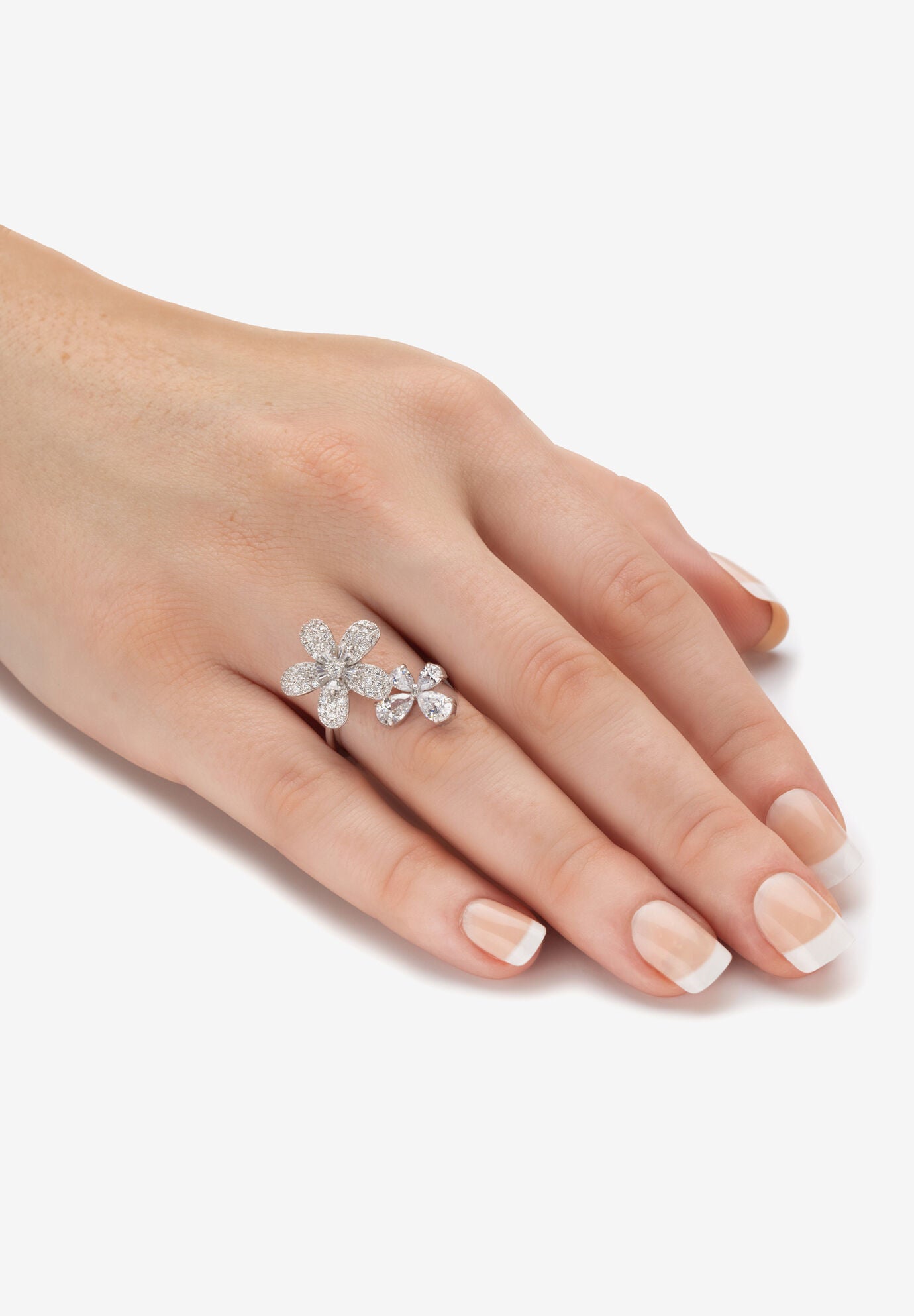 Platinum Plated Silver Cubic Zirconia Spinning Daisy Flower Ring (1 5/8 cttw), , on-hover image number 1