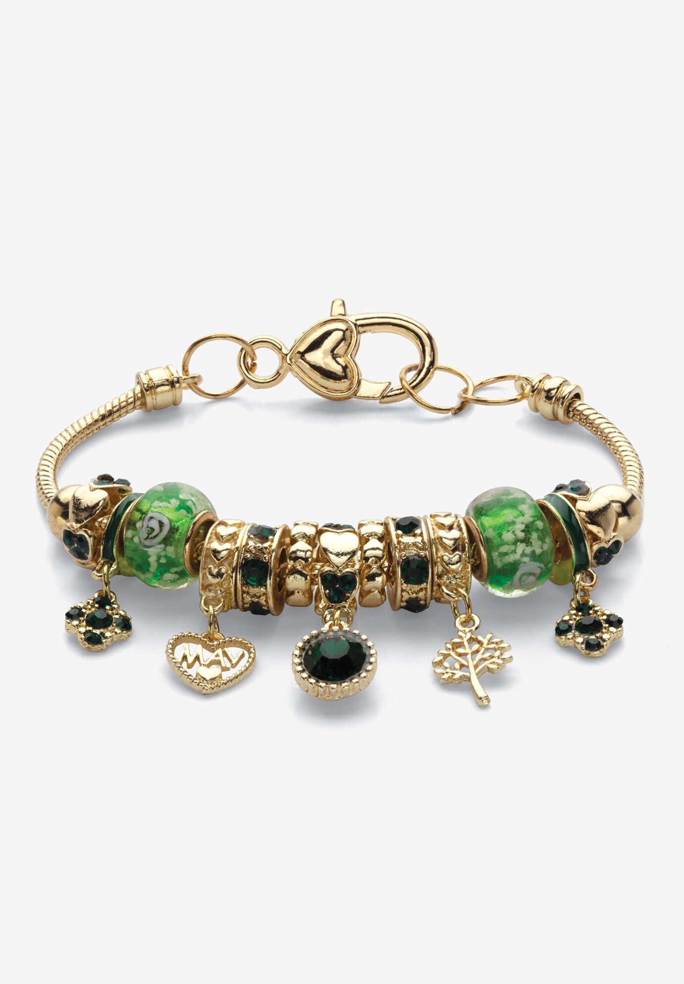 Goldtone Antiqued Birthstone Bracelet (13mm), Round Crystal 8 inch Adjustable, MAY, hi-res image number 0