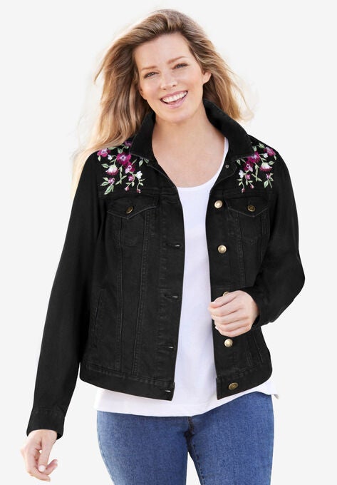 Stretch Denim Jacket, BLACK BLOOM EMBROIDERY, hi-res image number null