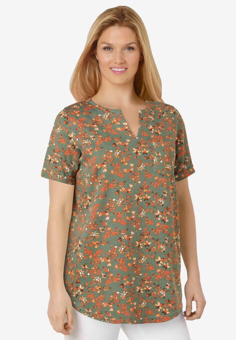 Short-Sleeve Notch-Neck Tee, PINE STAMP PETALS, hi-res image number null
