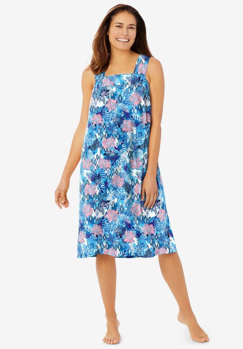 Print Sleeveless Square Neck Lounger , POOL BLUE TROPICAL PALM, hi-res image number null