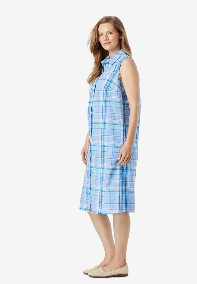 Sleeveless Seersucker Shirtdress, , alternate image number 2