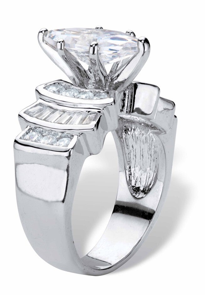 Silver Tone Marquise Cut Engagement Ring Cubic Zirconia, , on-hover image number 1