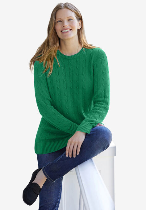 Cable Knit Pullover Crewneck Sweater, EMERALD, hi-res image number null