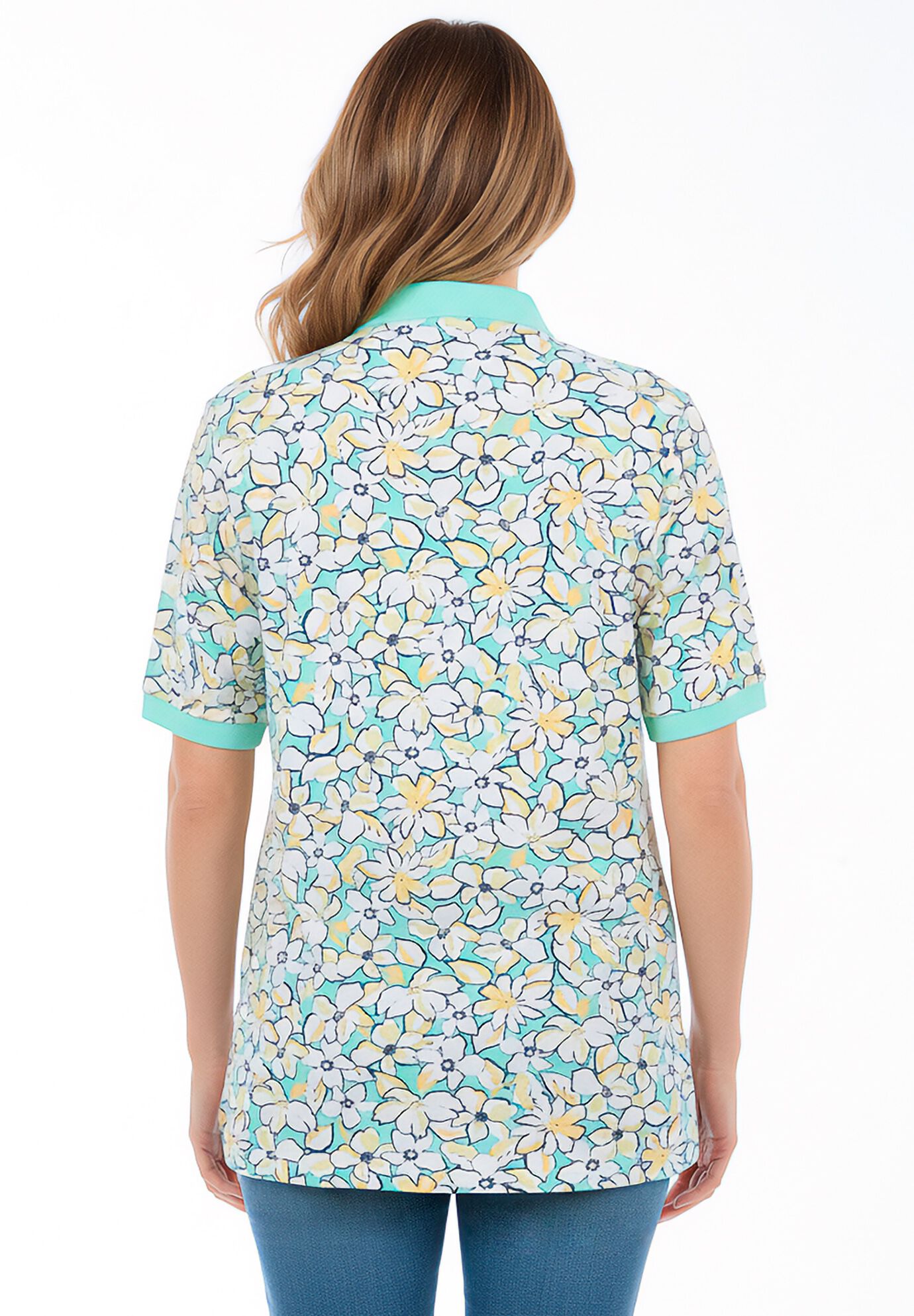 Elbow-Sleeve Polo Tunic, SEAFOAM PETAL BLOOM, on-hover image number 1